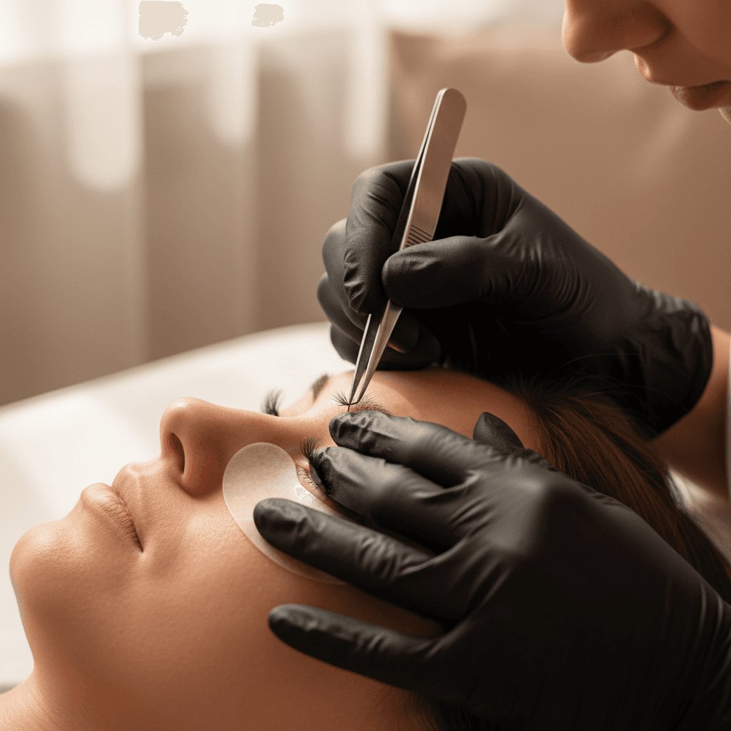 Esthetician applying lash extensions with precision