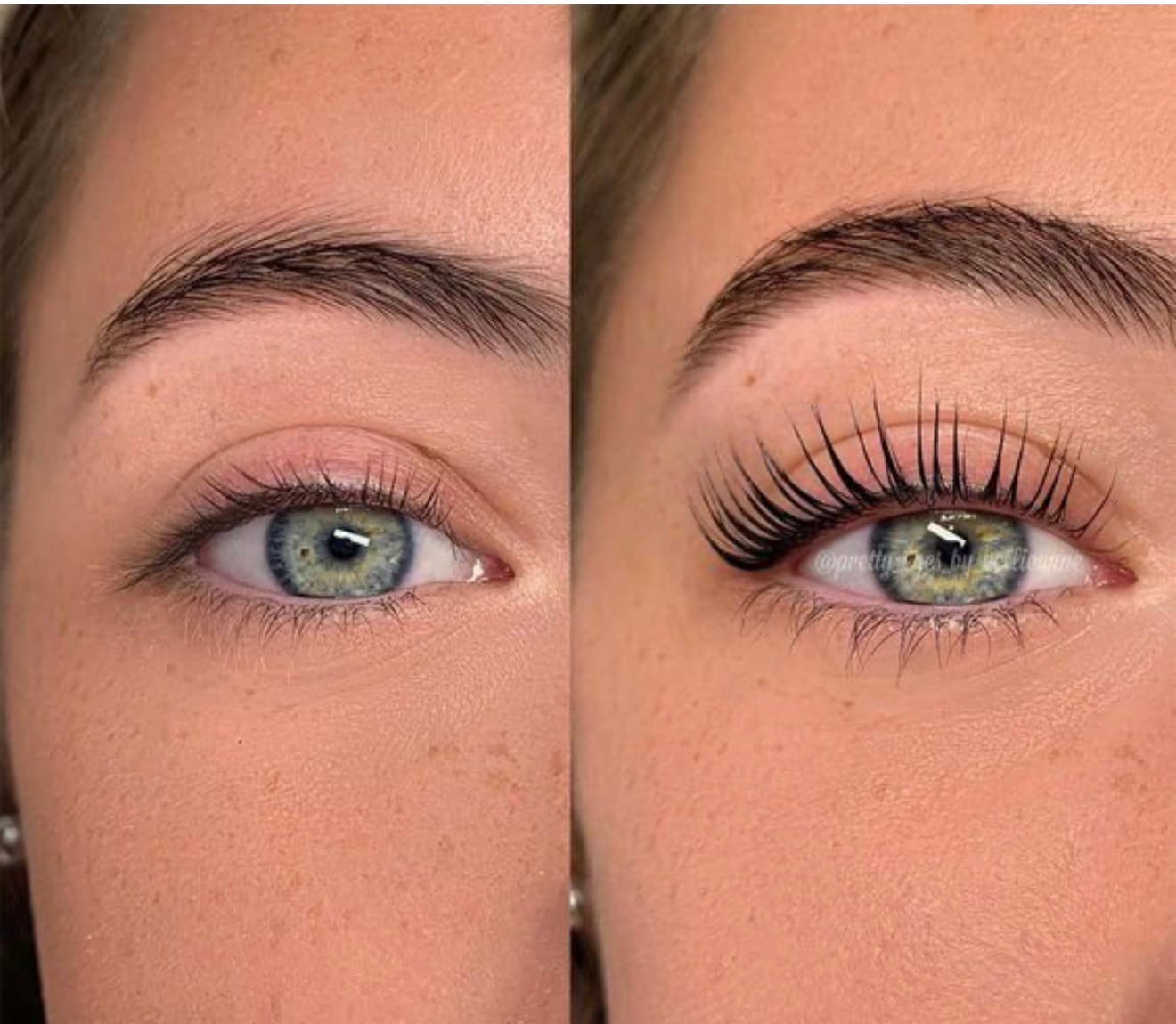 Before and after comparison of a lash lift and tint on a light green eye.